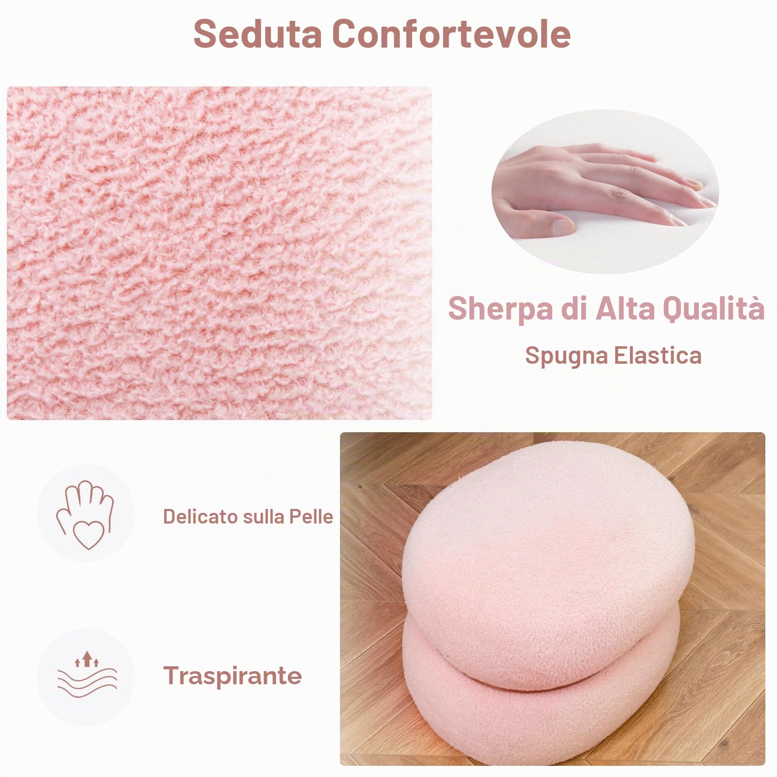 HOMASIS Sgabello per tavolo da toeletta, sgabello da trucco in Sherpa, ovale, portata fino a 300 kg, poggiapiedi imbottiti per soggiorno, camera da letto e corridoio, 44 x 35 x 35 cm, rosa