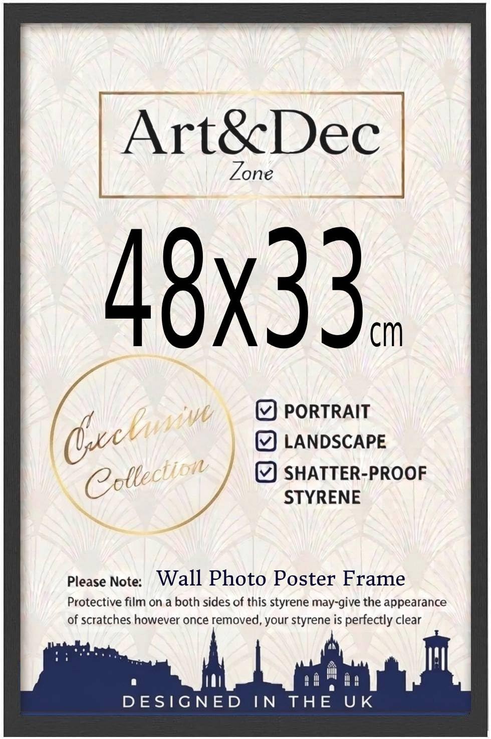 Art & Dec Zone® Sleek Black MDF Picture Frame 48x33 cm – High-Clarity Shatter-Proof Acrylic Poster Holder for Modern Wall Decor