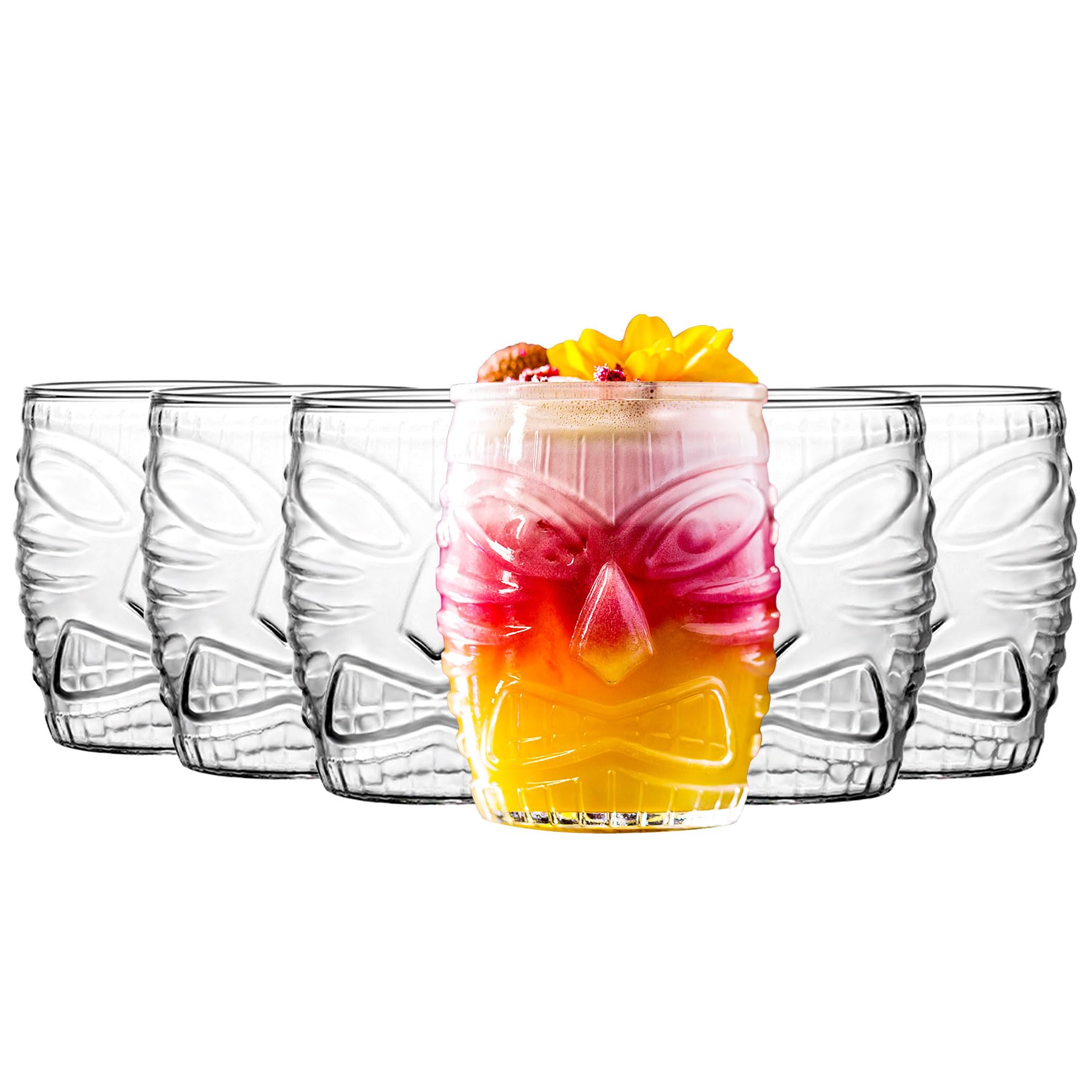 binsakao Tiki Glasses Set of 6-16 oz Cocktail Drinking Glasses - Water Glassware - Drinkware for Juice Iced Coffee - Hawaii Pool Beach Party Cups