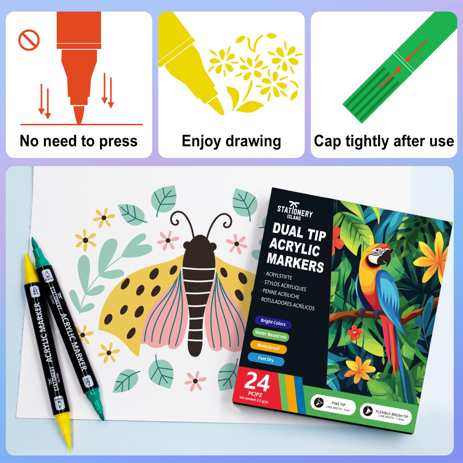 STATIONERY ISLAND Permanent Acrylic Paint Pens 24 Colours – Dual Tip Markers for Rock, Pumpkin, Stone, Glass, Ceramic, Wood & Fabric – Fine & Brush Tip Water Based Paint Pens for Halloween Crafts — view 6