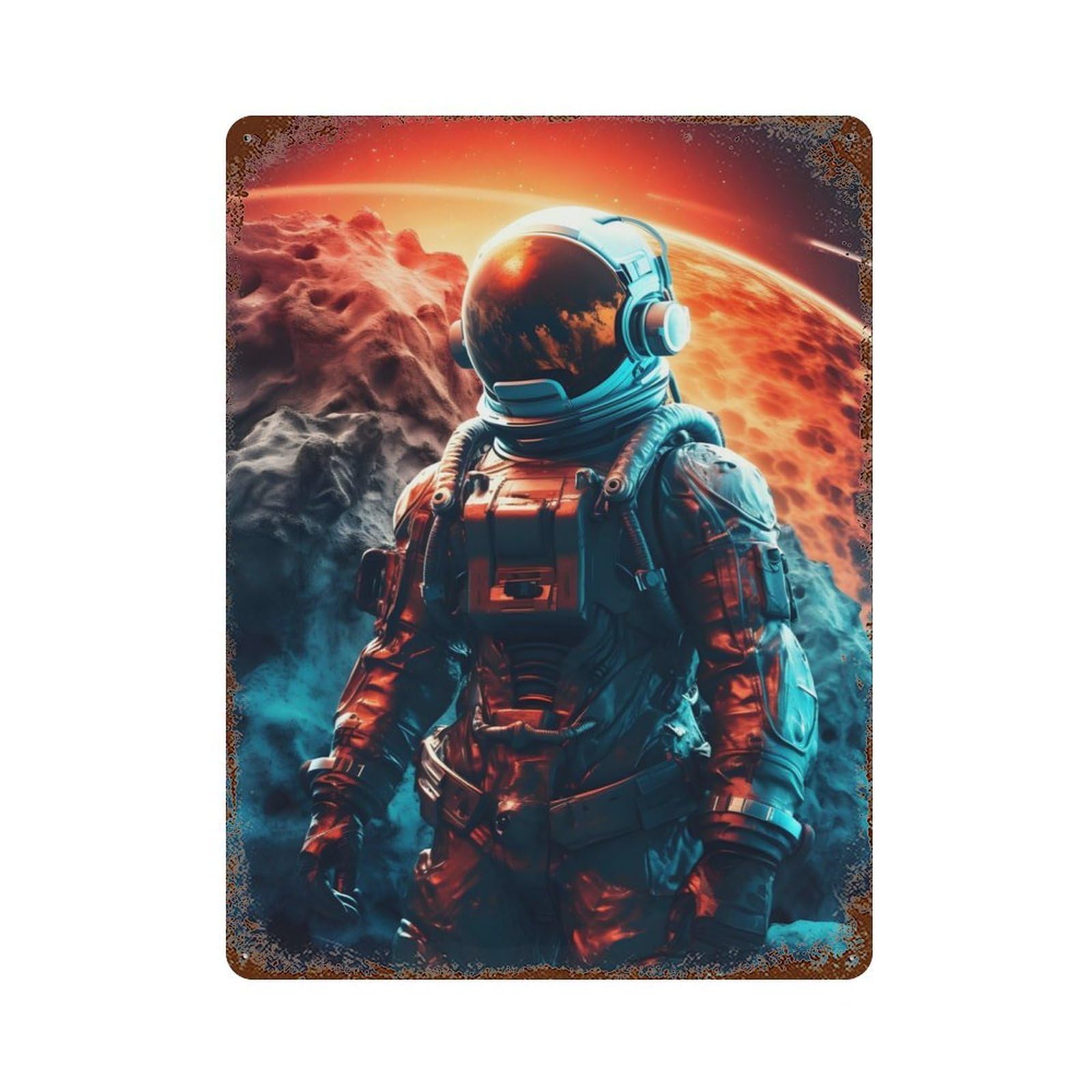 Garage Style Spaceman Planets Space Rust Effect Tin Sign 15.7"x11.8", Industrial Home Decor for Bar And Workshop