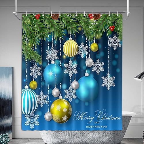 Miniatura 2 de Cortina de ducha de Navidad, bolas de Navidad y copos de nieve para colgar en ramas de pino de Navidad, cortinas de baño de tela azul y verde,