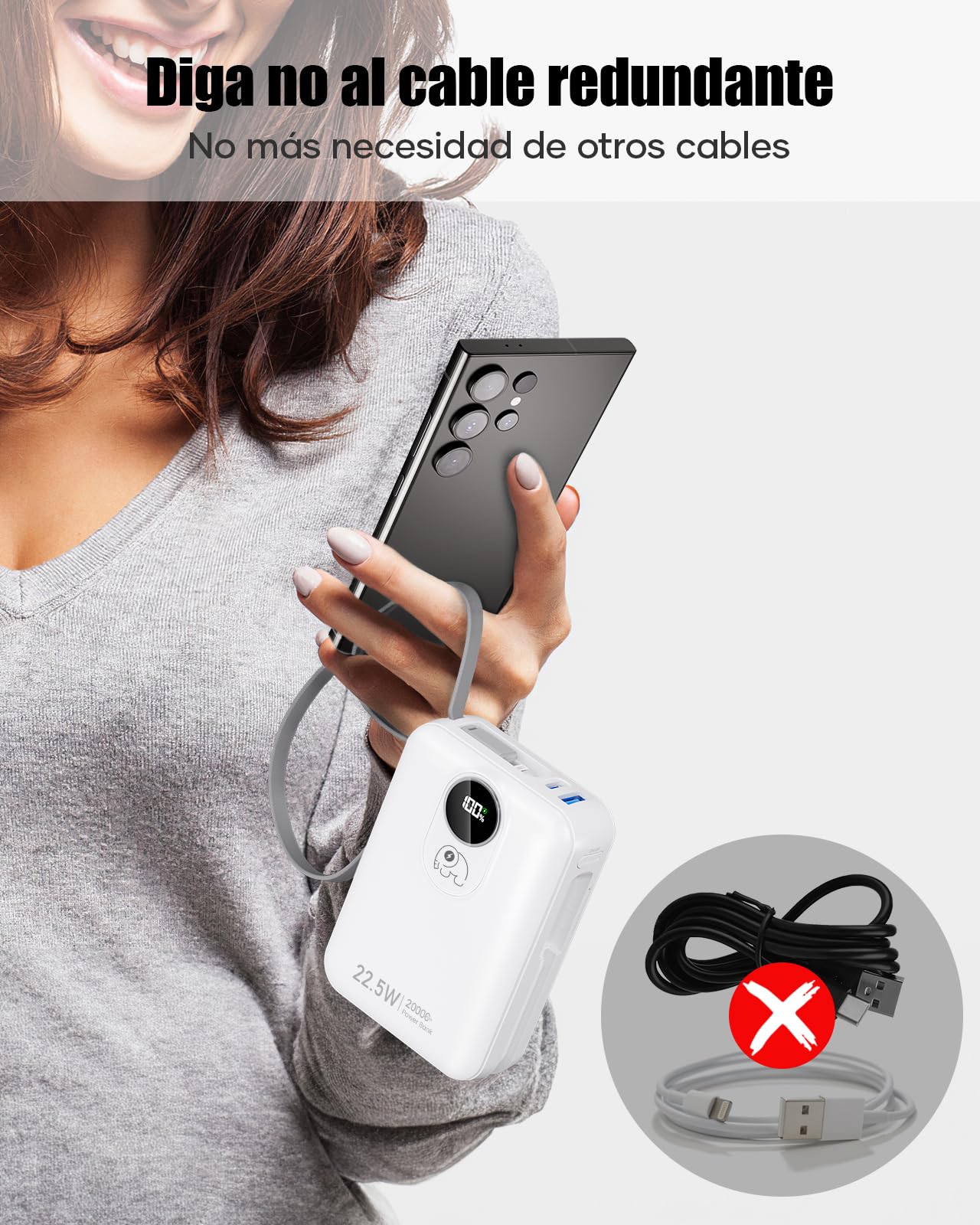 20000mAh Power Bank con Cable Incorporado: Batería Externa de Carga rápida de 22.5W para teléfono móvil, Battery Pack USB C (Entrada y Salida), Cargador portátil con 4 Salidas y 2 entradas-Blanco