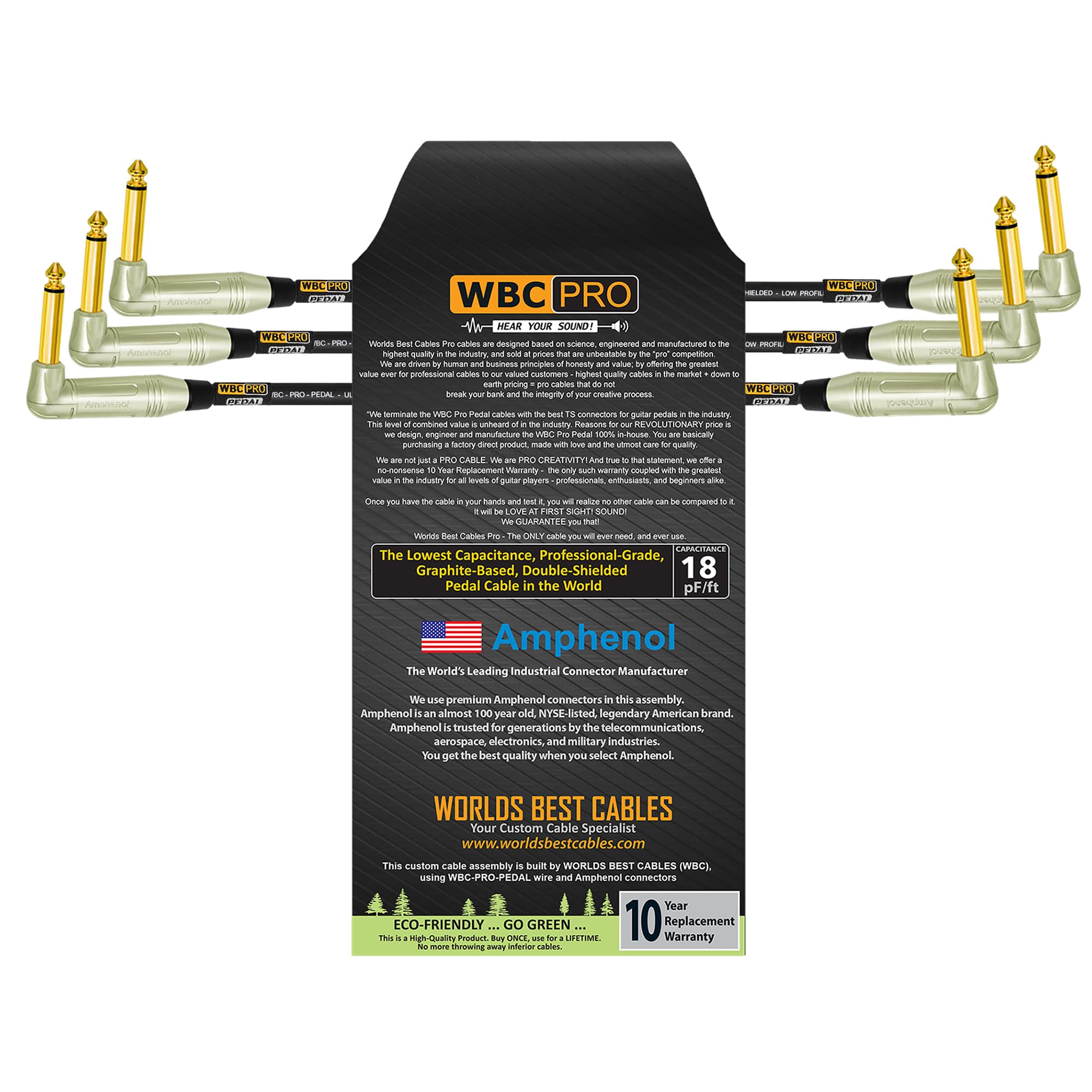 3 unidades – 10 pulgadas – Pedal WBC-PRO-– 22 AWG – Baja tapa (18pF/ft) – Grado profesional – Basado en grafito – Pedal de doble blindaje, efectos, parche, cable de instrumento y conectores TS dorados