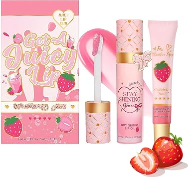 Lip Conditioner & Lip Oil Set - Moisturizing Natural Lip Gloss Set - Lip Balm for Chapped & Dry Lips - Lip Balm Gift Set for Women Girls,Ideal Festival GiftStrawberry Flavor