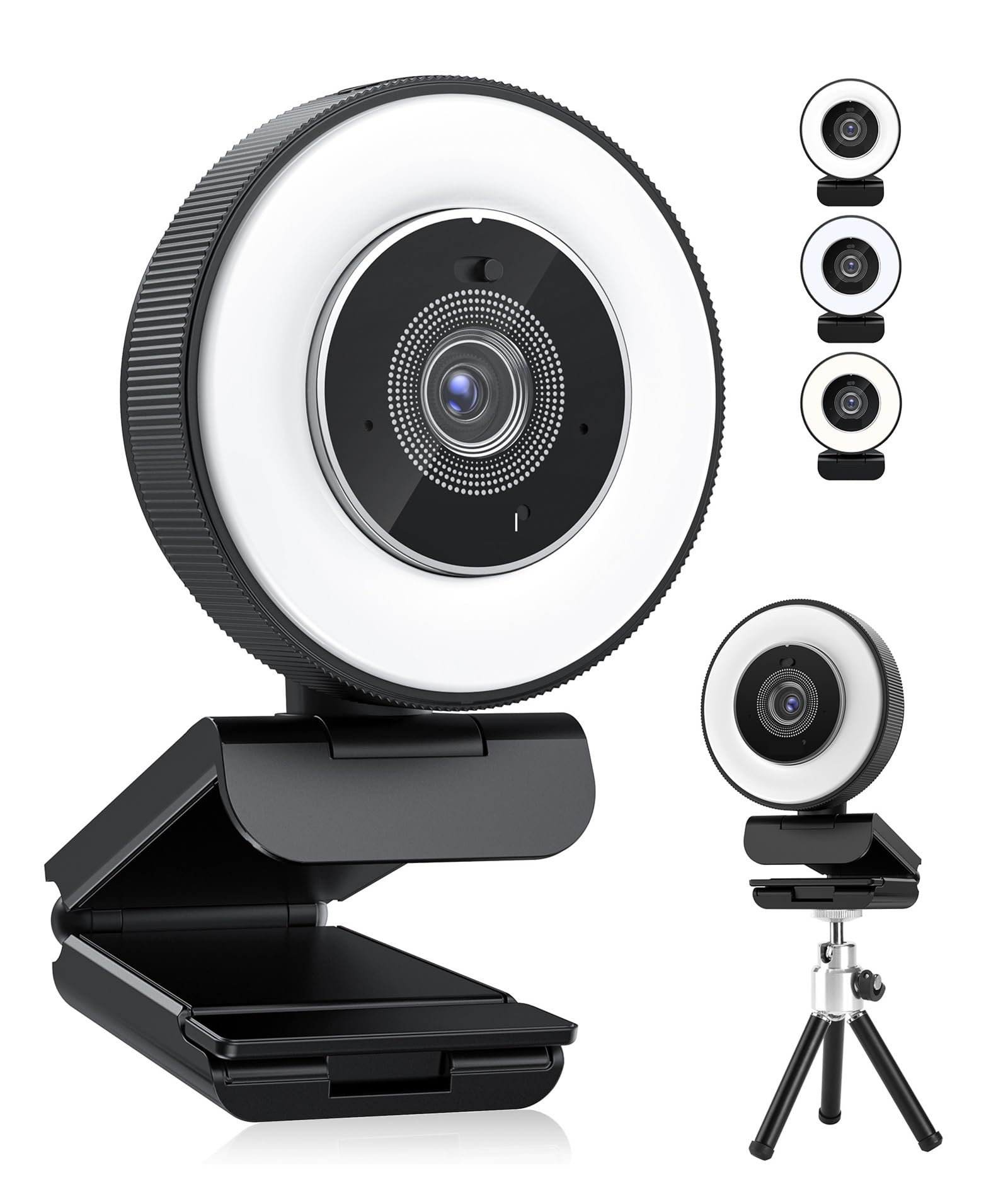 HD Webcam 4k 30fps with Adjustable Ring Light and Microphone, Autofocus Webcam with Privacy Cover for Conferencing, Live Streaming, Recording