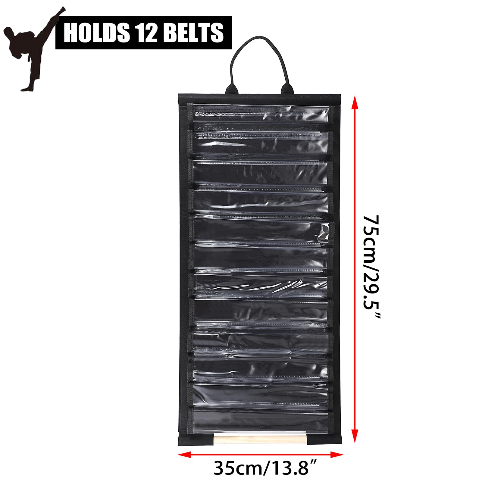 JUXYES Wall Hanging Martial Arts Belts Organizer for 12 Belts, Portable Karate Belt Display Holder with Medals Hanging Stick, Lightweight Taekwondo Belt Organizer for Martial Arts Learners