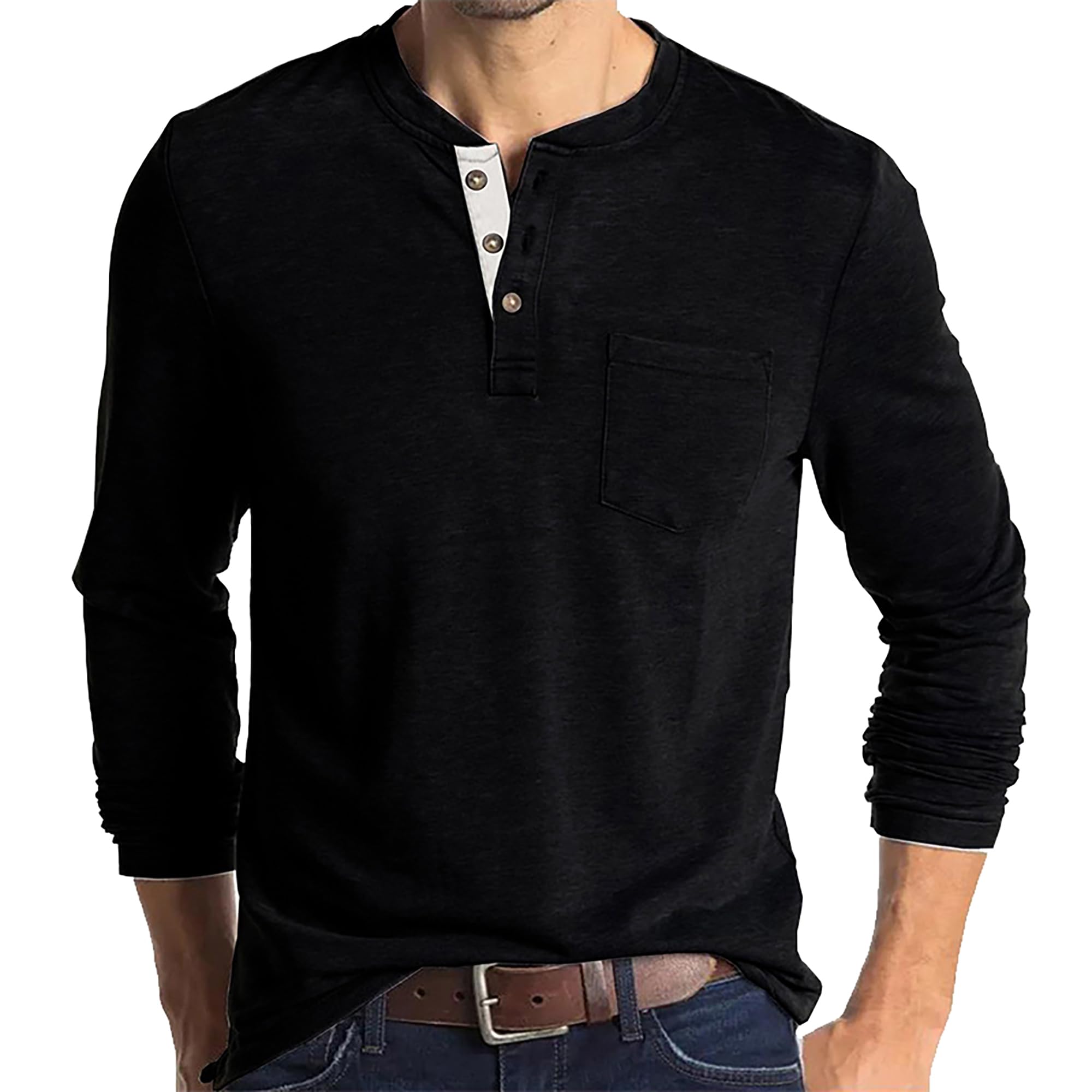 Henley Shirt Herren Langarm mit Einer Tasche auf der Vorderseite Einfarbig Hemd Sommer Frühling Lässige Oberteile