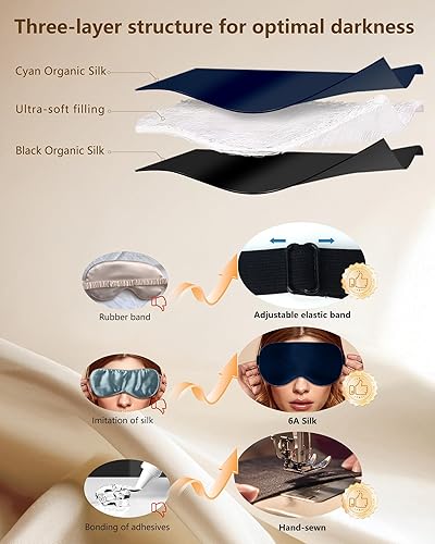 Miniatura 5 de Máscara de ojos de seda para dormir, suave y transpirable, tela de seda de morera natural orgánica, máscara opaca para dormir con correas