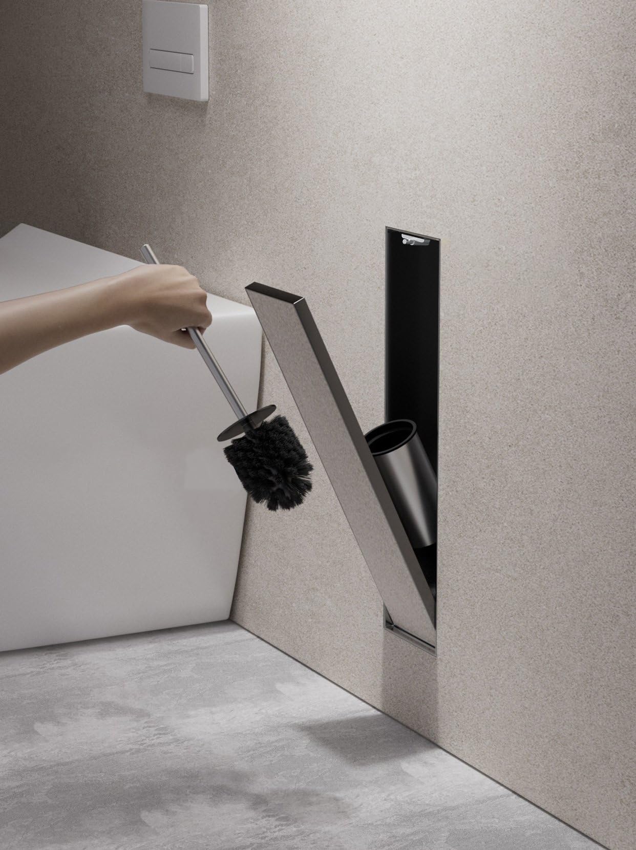 Porta scopino WC da incasso in acciaio inox nero opaco - Nicchia a parete invisibile, porta piastrellabile, contenimento chiuso, sicuro e igienico, salvaspazio (45 x 12 x 12 cm)