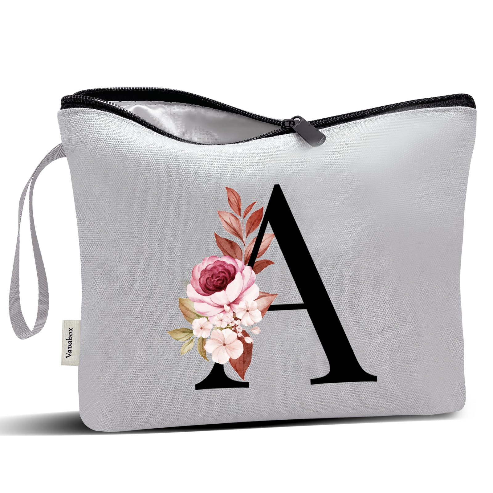Vavabox A-Z Personalized Makeup Bag, Birthday Gifts for Women Mom, Gifts for Best Friend, Bride Bridesmaid Cosmetic bag (A, Grey)