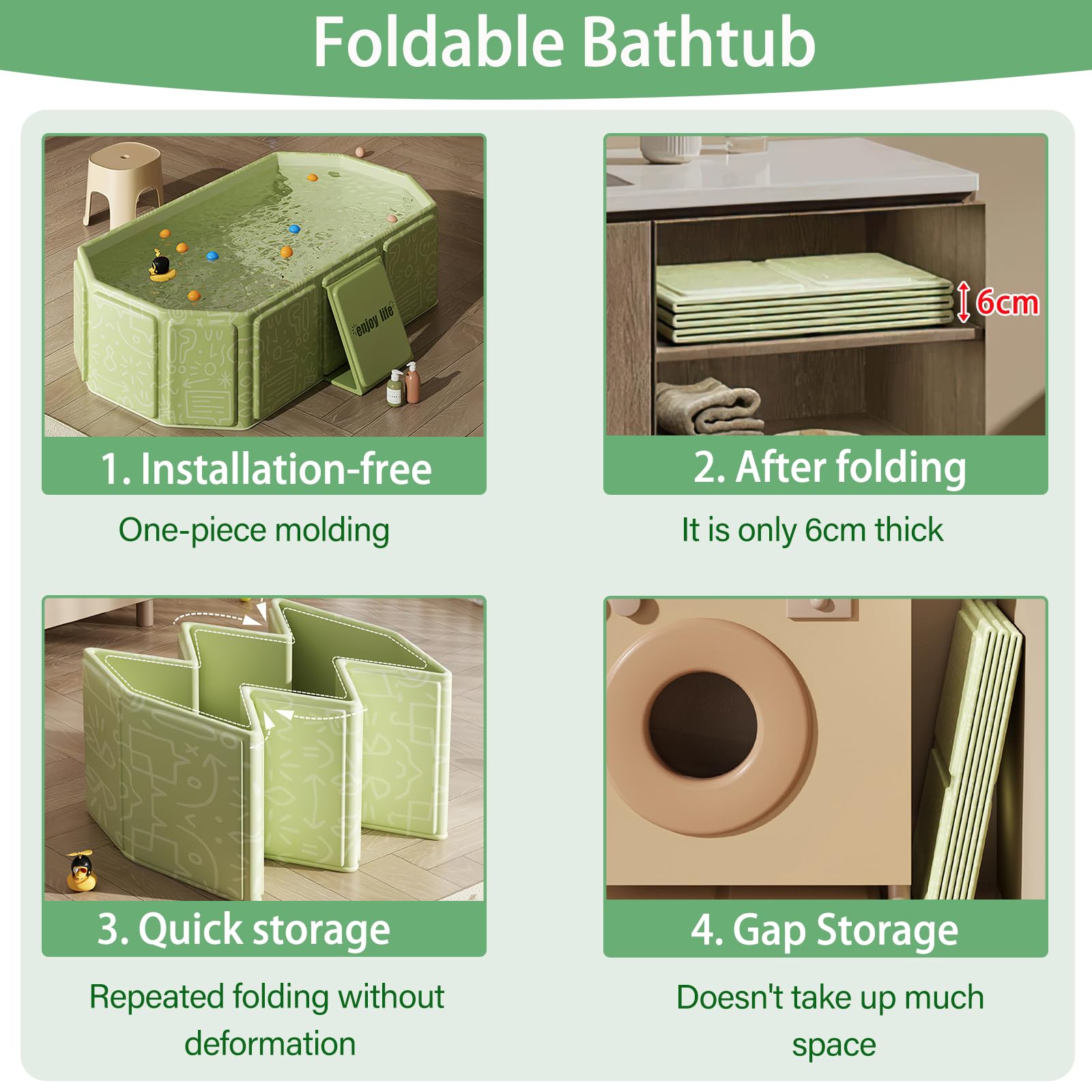 Vasca da Bagno Pieghevole per Bambini, Multiuso e Salvaspazio, Adatta da 0 a 8 Anni, Vaschetta Bagnetto Neonato Pieghevole con Tappo di Scolo, Vasca da Bagno Portatile per Bambini (Verde)