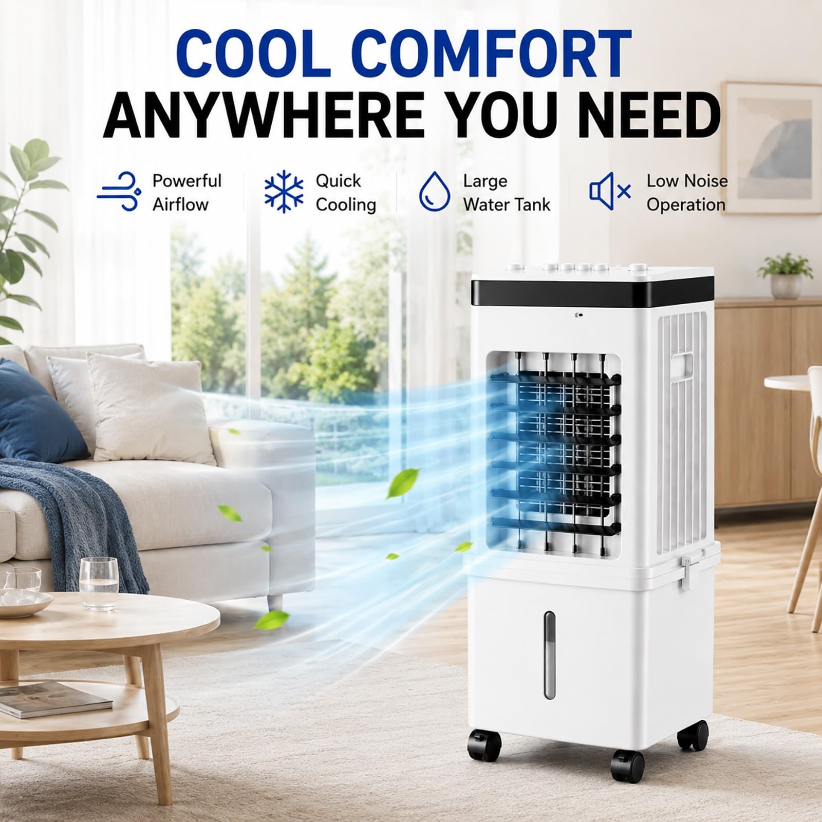 Raffrescatore D'Aria Portatile con Serbatoio d'Acqua da 15 L, Controllo Meccanico, Ventilatore con Ghiaccio per Casa, Camera, Soggiorno e Ufficio