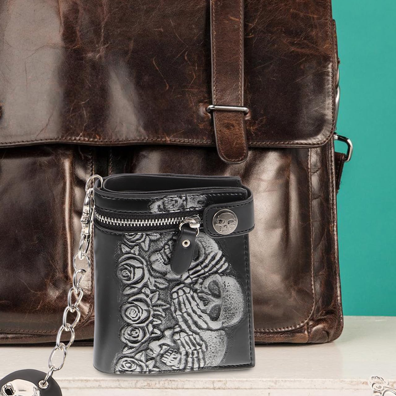 Gatuida Cartera de Cuero Punk con Cadena Antirrobo Diseño y Tarjetero Unisex Vertical Resistente y para Diario