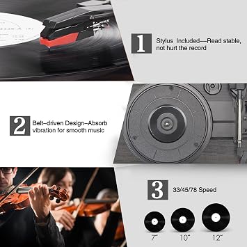 Vinyl Record Player Wireless Turntable with Built-in Speakers and USB Belt-Driven Vintage Phonograph Record Player 3 Speed for Entertainment and Home Decoration Carbon