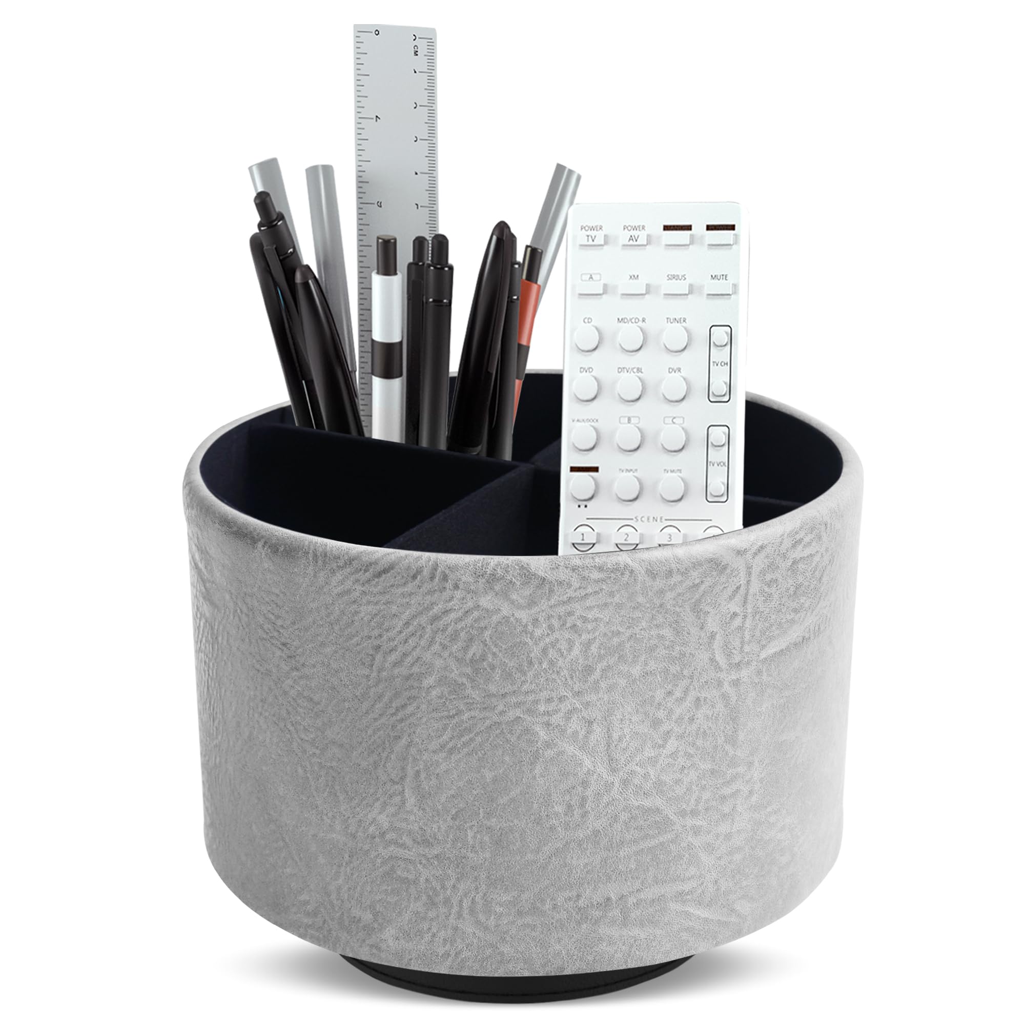 Mtzmy Round Leather Art Supply Organizer,Remote Control Holder,360 Degree Spinning,Multi-Functional Pencil Holder,4 Compartments Desktop Stationary Organizer(1-Crazy Grey Blue)