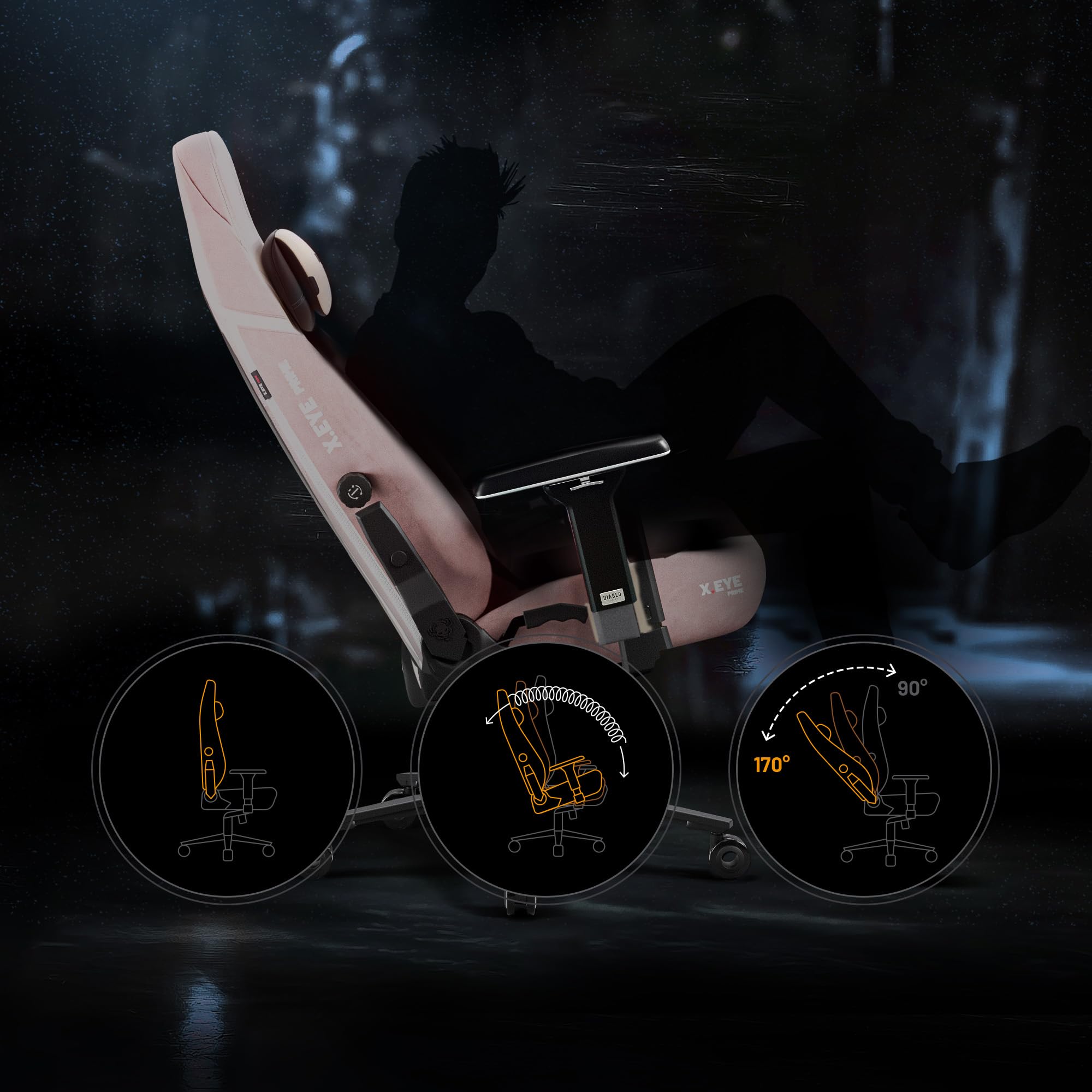 Diablo X-Eye Prime Fotel Gamingowy Ergonomiczny z Chłodzącym Siedziskiem, Magnetycznym Zagłówkiem Memory, Podparciem Lędźwi ProSpine i Podłokietnikami 4D - 140 kg - Akira Pink