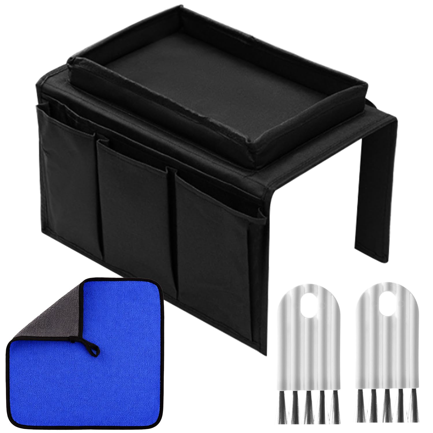 Kdkoeo Sofa Arm Tray, 4 Pcs Armchair Tray with 5 Bags, Waterproof Non-Slip Armchair Caddy with Cup Holder for Phone, Pad, Book, Snacks, Glasses, Drinks