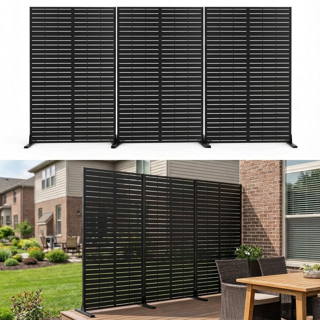 3 packs of 72"hx47"w metal outdoor privacy screen,freestanding 3-panel fence,decorative weather-resistant room divider with stable base,portable outdoor indoor panels for patio garden balcony backyard