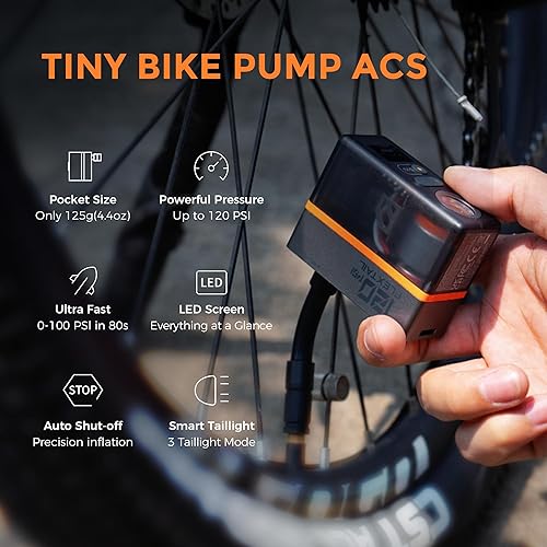 Miniatura 2 de FLEXTAILGEAR Mini Bike Tire Pump with Gauge&Taillight, 130 PSI Portable Electric Bicycle Pump with Presta and Schrader Valve for Road and Mountain