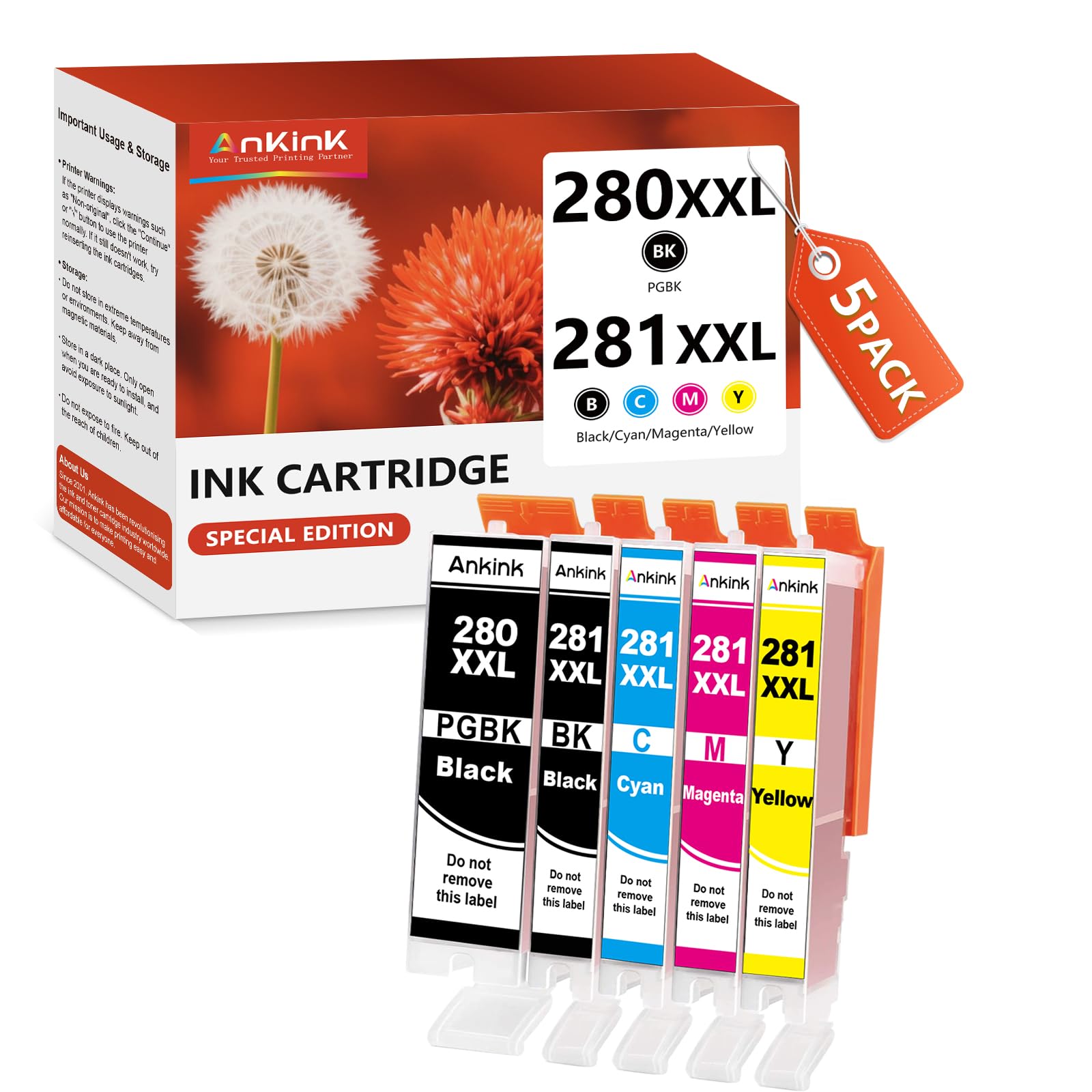 Ankink 280 281 XXL Higher Yield BKCMY 5 Color Value Pack Compatible for Canon 280XL 281XL XL Ink Cartridge Fit for PIXMA TR8520 TR8600 TR8620 TS6320 TR7520 TS6120 TR8500 TS6220 TS6300 TR8622 Printer