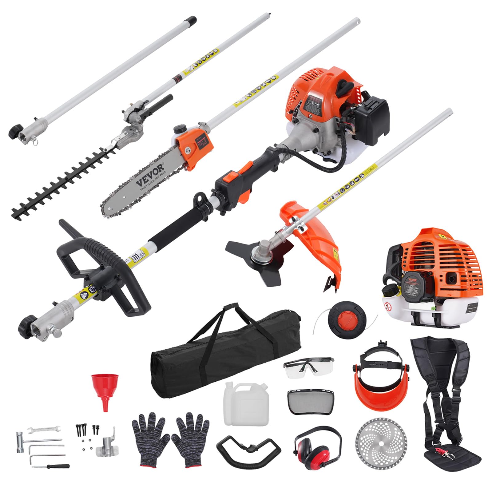 VEVOR 43cc 6-in-1 Multi-Functional Trimming Tool, Hedge Trimmer, Weed Eater, String Trimmer, Brush Cutter, Edger, Pole Saw Chainsaw Pruner with Extension Pole, w/EPA, CE and EMC Certification