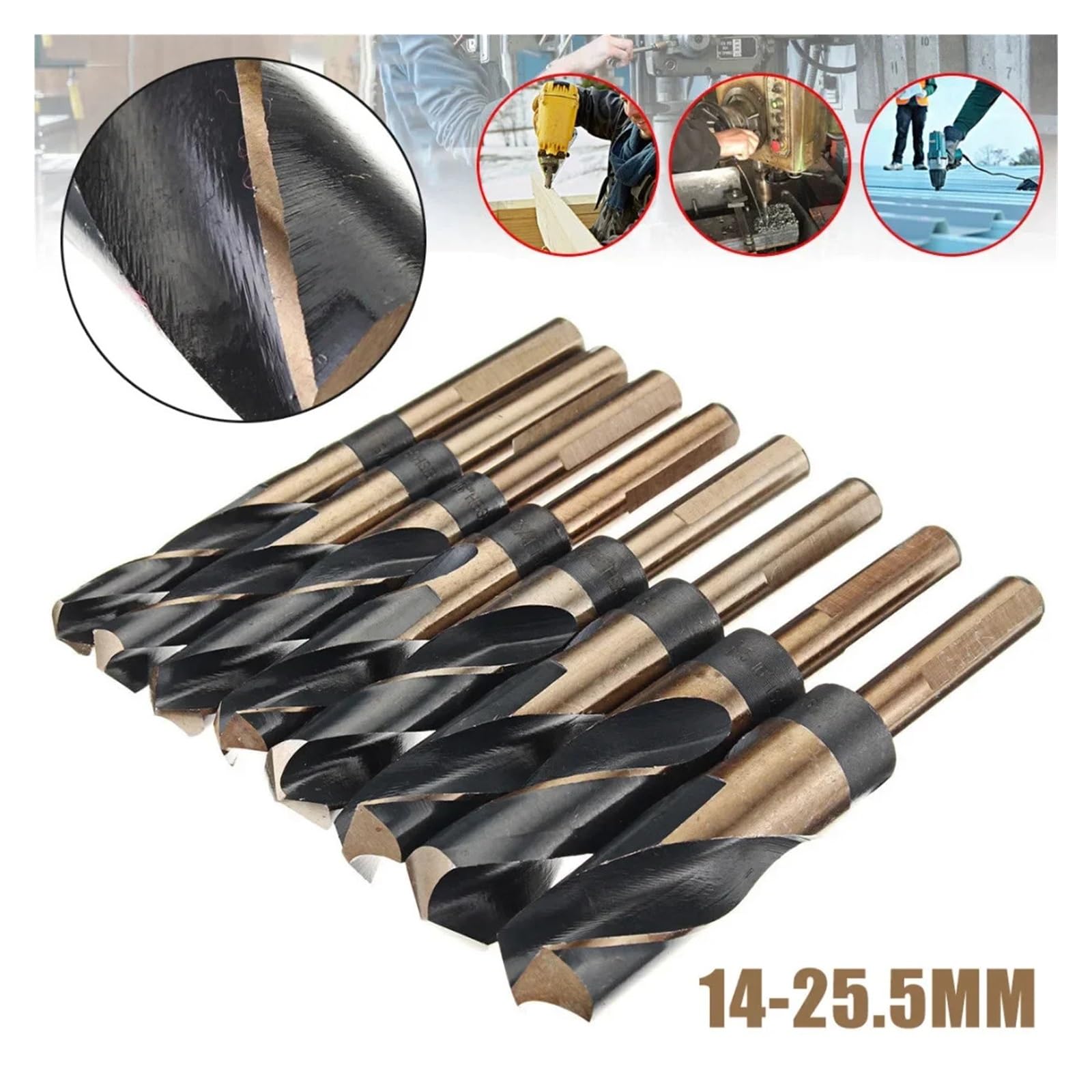 Set di punte da trapano elicoidali HSS da 8 pezzi, 14-25,5 mm, punte da trapano a punta divisa da 1/2 "con codolo a 3 piatti da 1/2" per metallo, legno, alluminio, plastica, foratura