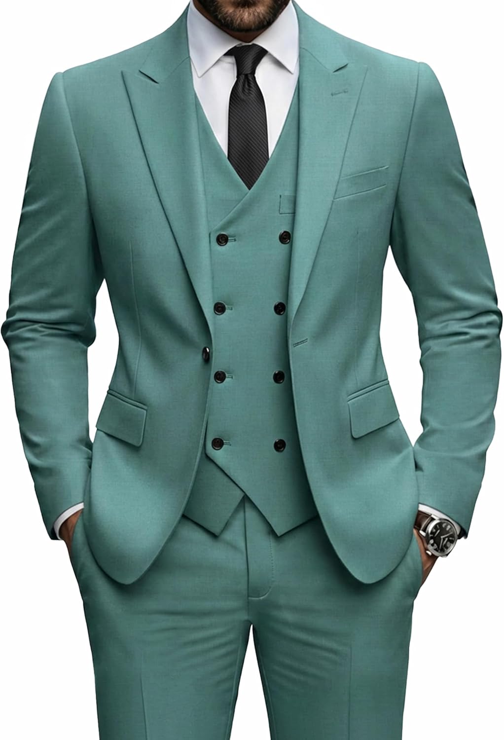 YND Men's 3 Piece Slim Fit Suit Set, One Button Peak Lapel Solid Business Blazer Jacket, Double Breasted Vest Pants and Tie