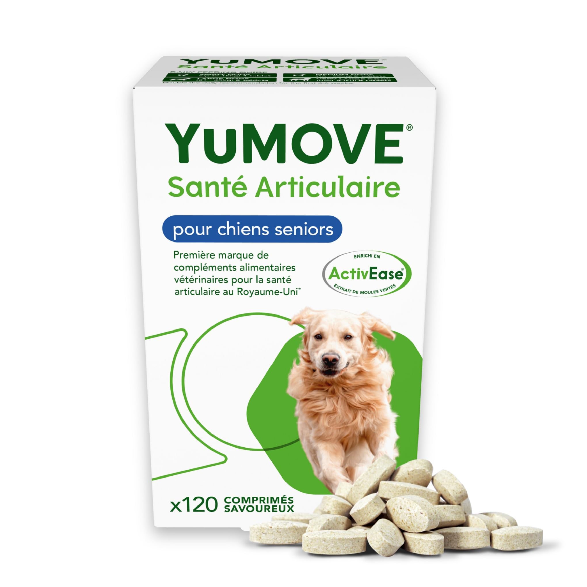 YuMOVE Arthrose Chien Senior 8+ Ans - 120 Comprimés - 170mg par Comprimé Brevet en Instance ActivEase Moule Verte - Glucosamine Chondroïtine et Acide Hyaluronique pour Mobilité Complément Articulation