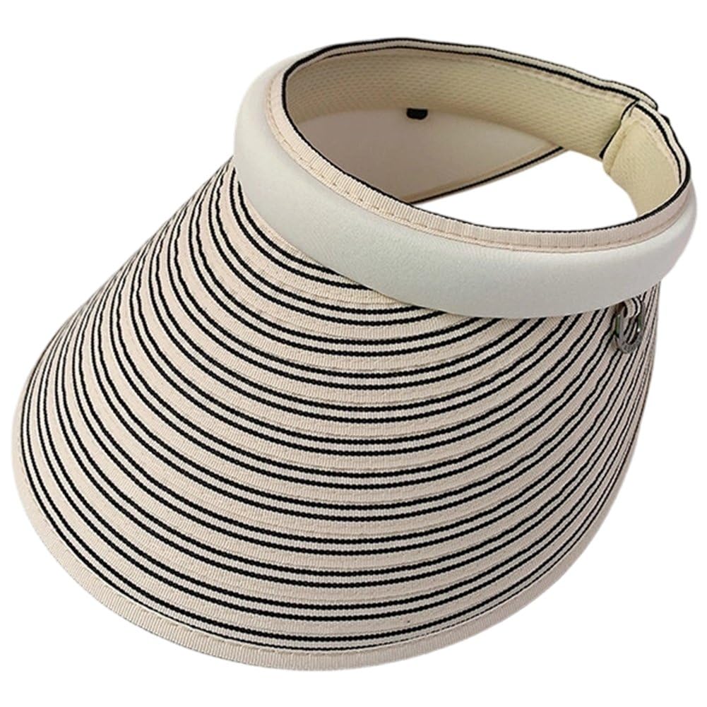 Sslvya Sun Visor Hats for Women Striped Wide Brim Ponytail Beach Hat Empty Hat Packable Uv Protection Travel Sun Hats
