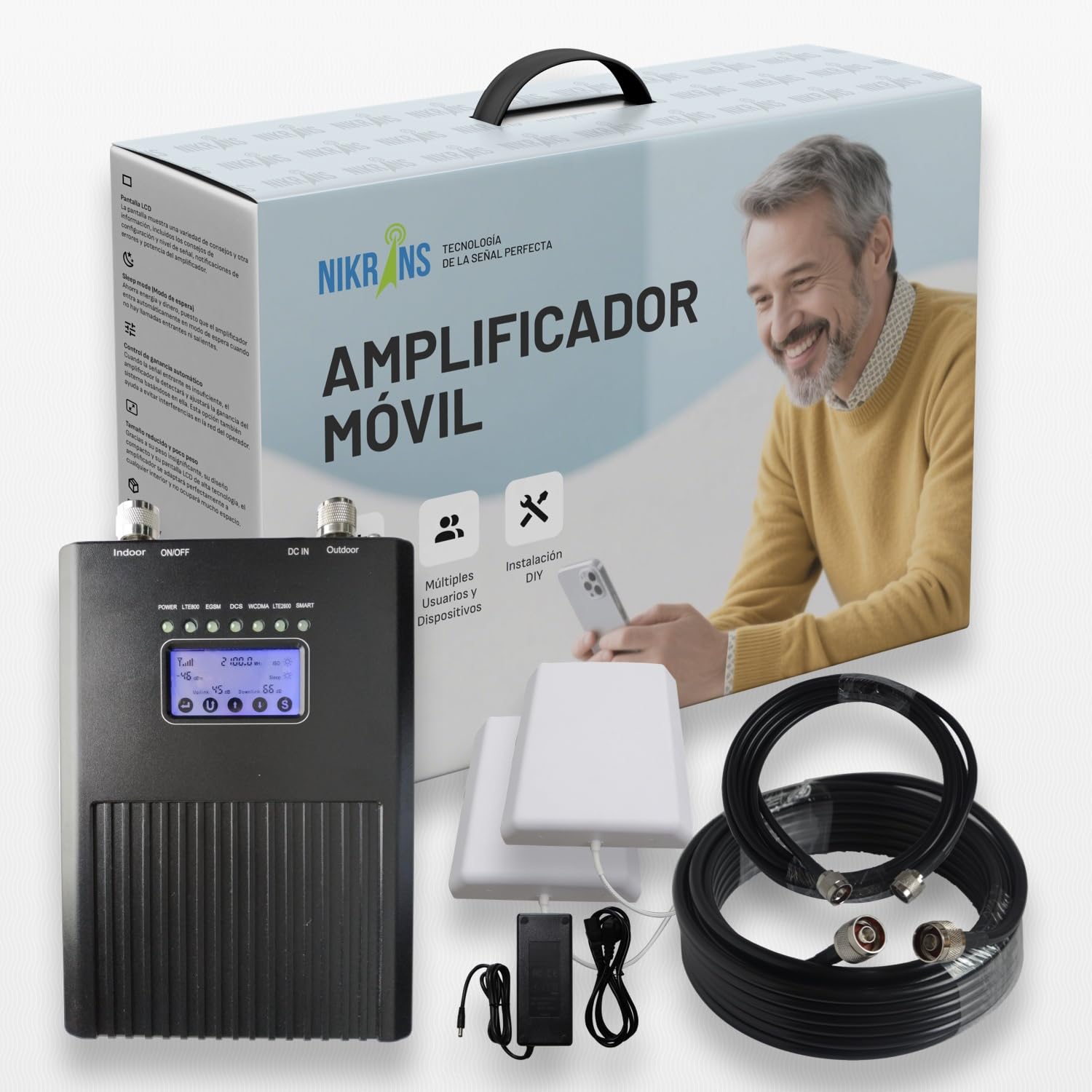 Amplificador de Señal Móvil para Llamadas, 3G, 4G, 5G – Hexabanda (700/800/900/1800/2100/2600 MHz) – Cobertura hasta 300 m² – Compatible con Todos los Operadores – CE y RoHS