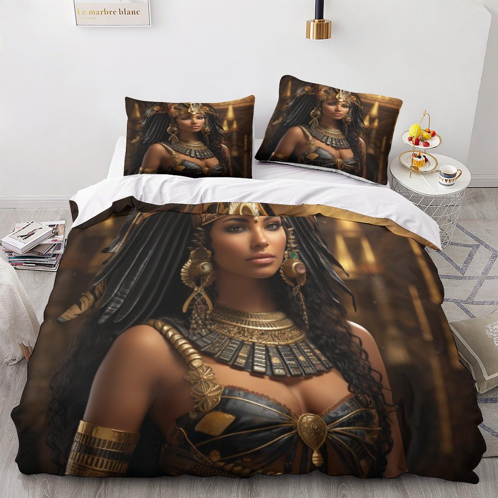 GEEYOU Ancient Egypt Finesse Duvet Cover Set Hidden Zipper Egyptian Queen Quilt Cover Set with Pillowcases Comforter Cover Soft Microfiber Bedding Set Various Sizes for Kids Adults Double（200x200cm）