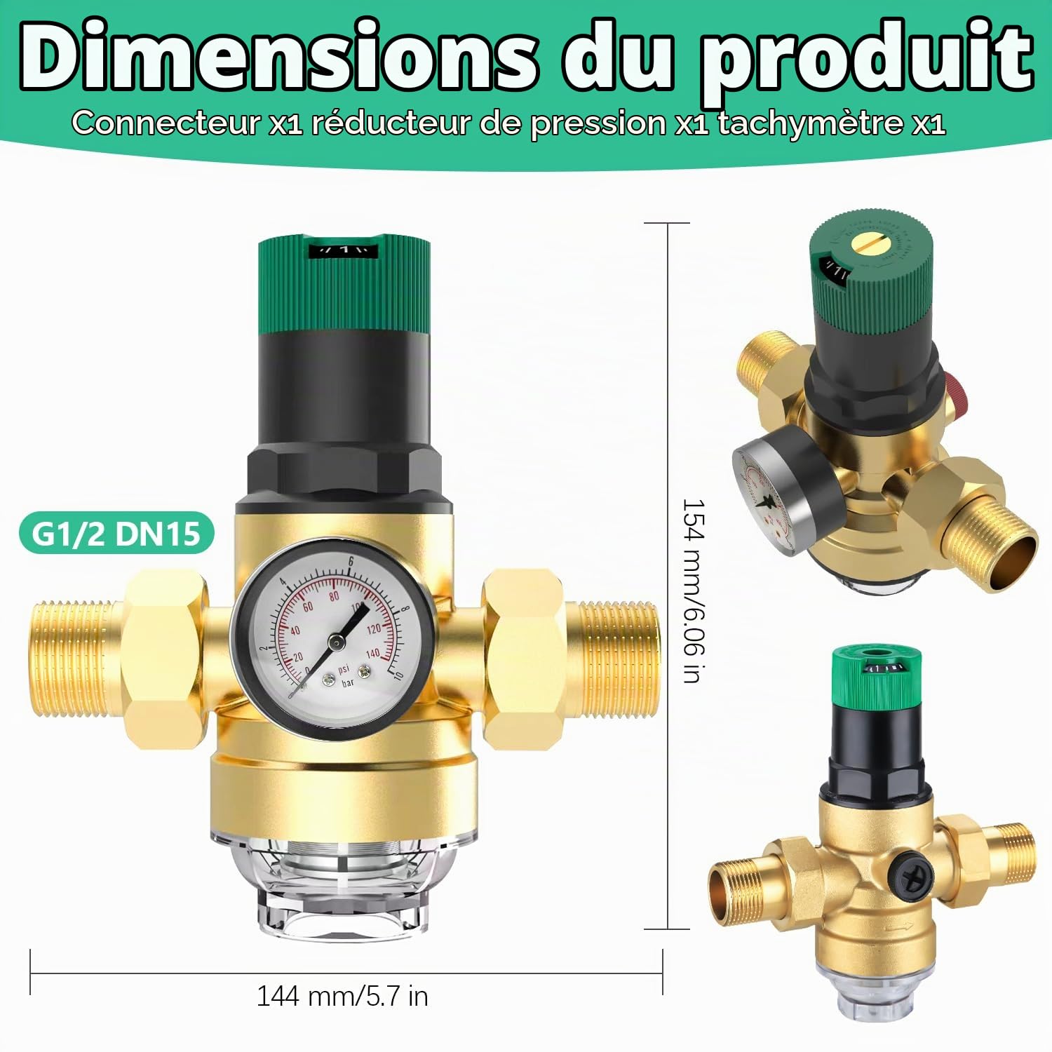 1/2 Pouce Ajustable Reducteur de Pression Eau, DN 15 Laiton épaissi Limiteur de Pression, Réducteur de Pression Eau Avec Filtre et Manomètre, Applicable à La Maison, Le Bâtiment, L'usine