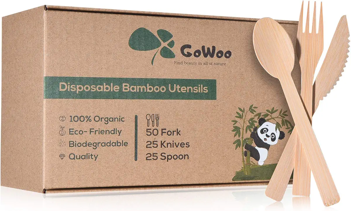 GoWoo Bamboo Disposable Cutlery Set 100 Pieces, Heavy Duty Compostable and Biodegradable Wooden Utensils with 50 Forks, 25 Spoons, 25 Knives