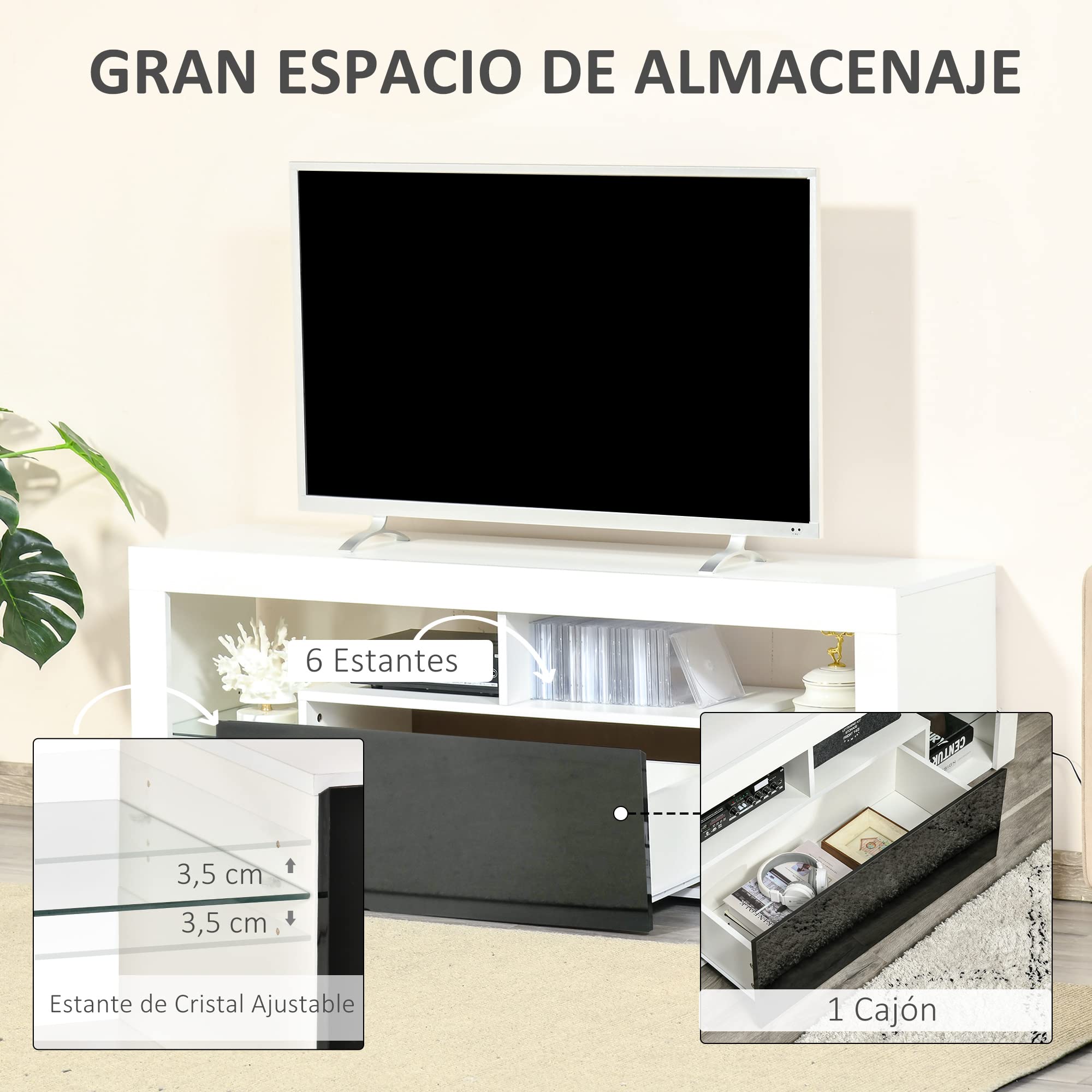 HOMCOM Mueble de TV para Televisiones de 55”Pulgadas 140x35x52 cm Blanco | Mesa para TV de Salón, Luz LED, 6 Modos de Colores, Mando a Distancia, Cajón, Estantes de Cristal Ajustables, Alto Brillo