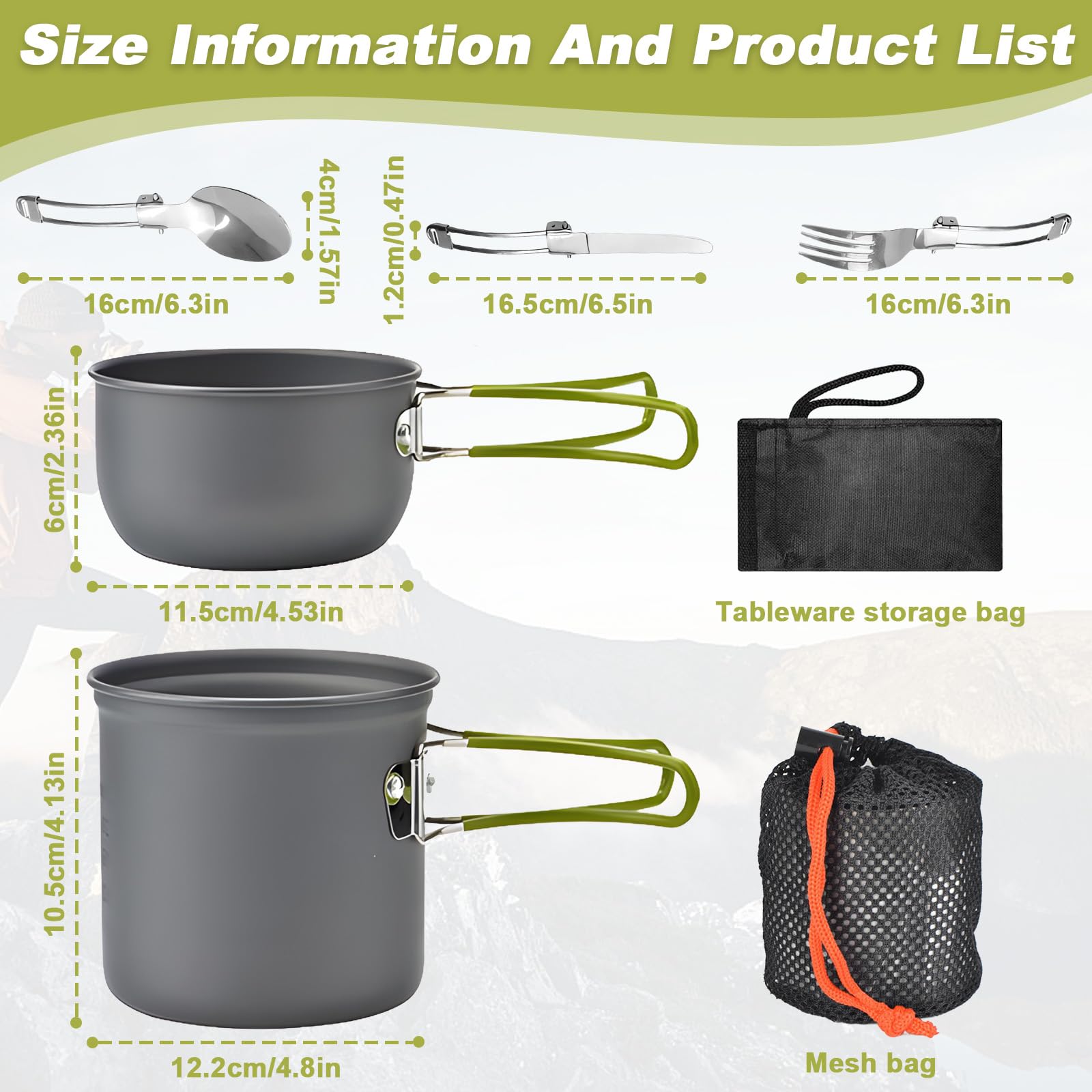 Set di Pentole da Campeggio con Posate Pieghevoli, Pentola Portatile in Alluminio per 1-2 Persone, Padella da Cucina Outdoor, Pentole Campeggio Leggera per Picnic, Zaino in Spalla, Escursionismo,Pesca