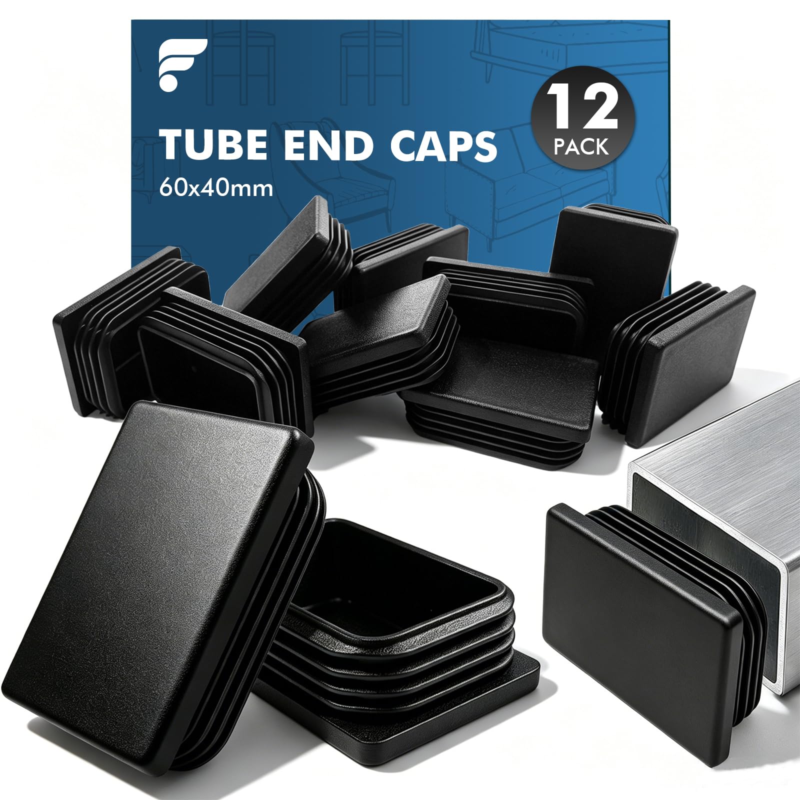 shinfly 60 x 40 mm Rectangular Tube Inserts, Black PE Plastic End Caps for Steel, Aluminium & Metal Box Section Tubes, Rectangular Tube Plugs, Fits 1.2–2.0 mm Wall Thickness, Pack of 12