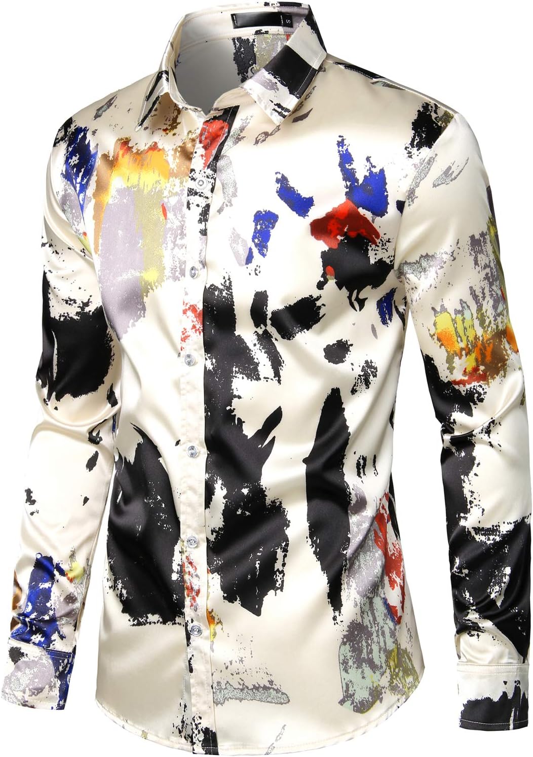 ZEROYAA Men's Hipster Printed Silk Like Satin Button Up Dress Shirt for Party Prom - Image 3