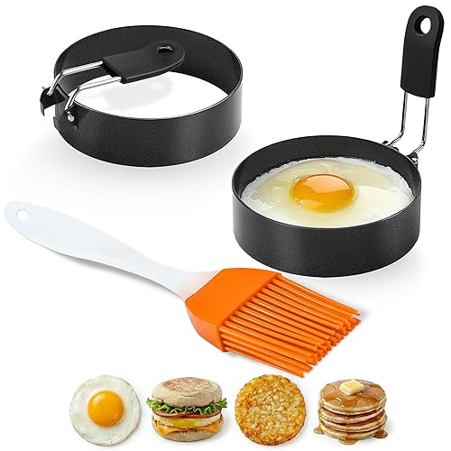 2 anillos de huevo para freír huevos, molde redondo de acero inoxidable de 2.89 pulgadas, mango plegable, resistente al calor y no deformable,