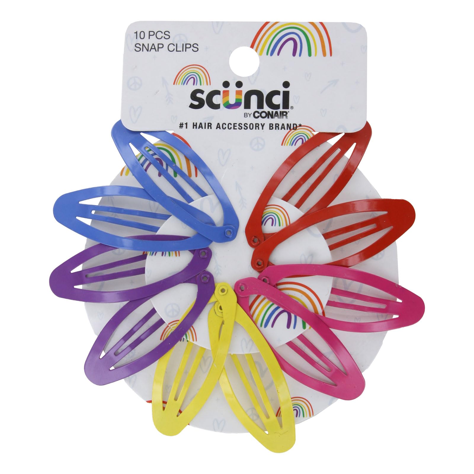 Scunci Hair Snap Clips for Girls, 10-Pack Rainbow Colors, No-Slip Metal Barrettes for All Hair Types, Secure Hold, Kids & Tweens Hair Accessories,