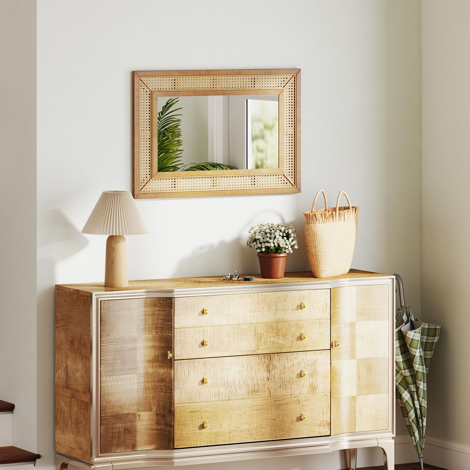 GOPLUS Espejo de Pared de Ratán, Espejo Colgante Rectángulo, Vidrio de Aluminio, Decorativo Rústico para Sala, Dormitorio, Entrada, Baño, Instalación Fácil, Natural, 90 x 60 cm