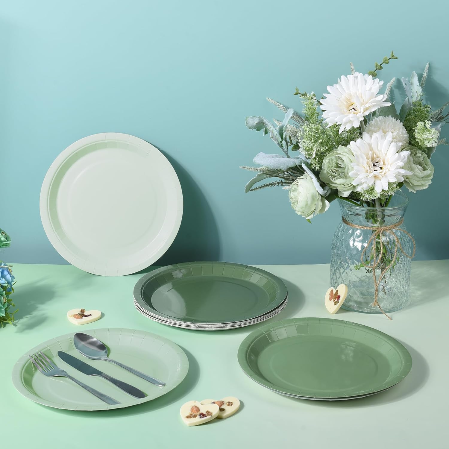 Sage Green Paper Plates Christmas Gradient Green Party Plates 9 Inch Disposable Round Dinner Dessert Plates for Birthday Baby Shower Tini Bit Older Party Supplies (48) - Image 7