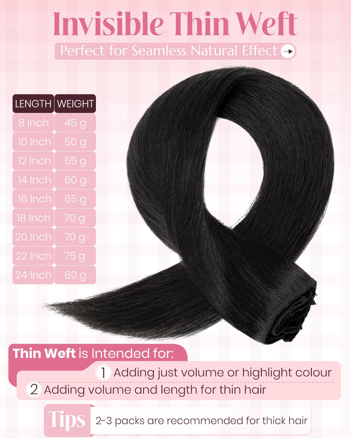 SLEEKALON Hair Extensions Clip in Real Human Hair Remy #1 Jet Black - 16 Inch 65 Gram 8 Pcs Invisible Full Head Weft Straight - Image 4