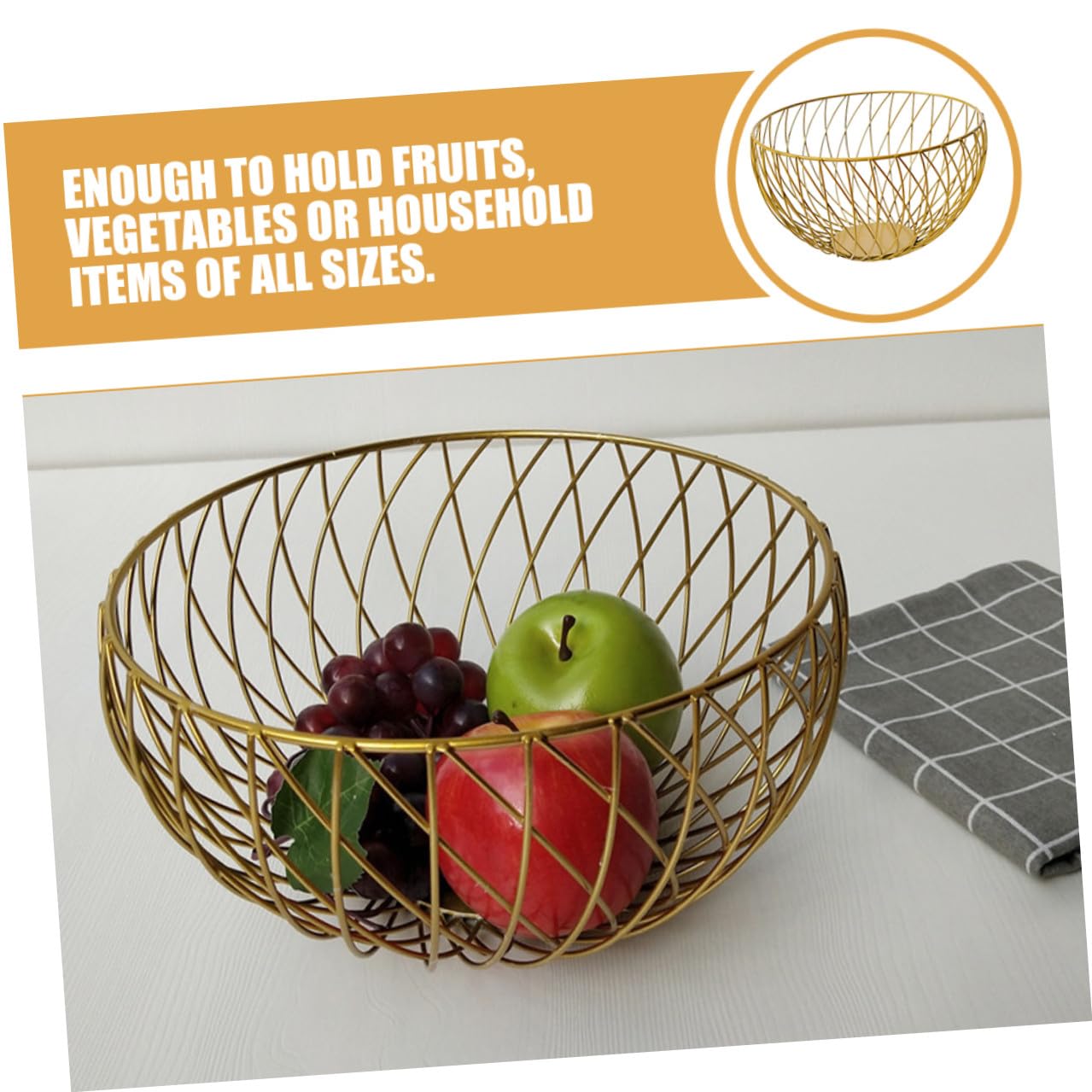 BESPORTBLE Cesto di frutta rotondo in filo metallico dorato, ciotola per frutta in rete, porta pane per verdure, snack, per cucina, tavolo da pranzo, uso domestico