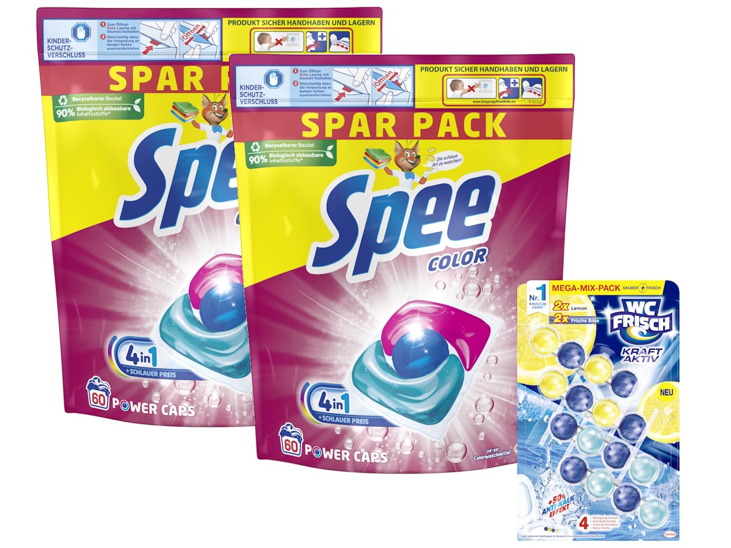 Spee Power Caps Color (1x 120 WL), Colorwaschmittel für Buntwäsche & Dunkles, vordosiertes Waschmittel & WC FRISCH Kraft Aktiv Duftspüler Mix Lemon + Frische Brise, 1x 200g