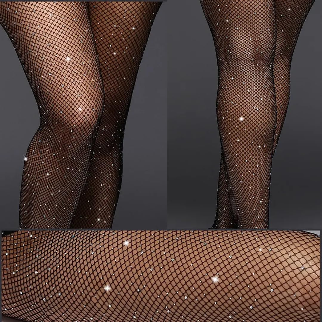 mistrend Women's (Girls) Sparkle Rhinestone Fishnets, Sexy Sparkly Glitter Party Concert Outfit Fishnet Stockings (Black) - Image 6 thumbnail