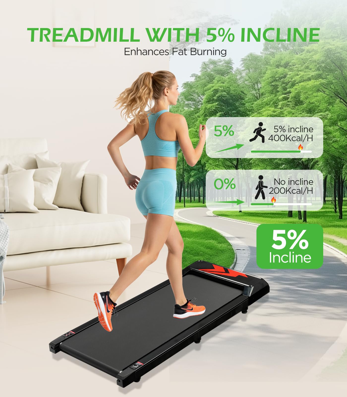 Cozary Tapis Roulant Elettrico Salvaspazio con 5% Inclinazione, Walking Pad per Casa e Ufficio, 120 kg, 2-6 km/h, Motore 2.5 HP Silenzioso, Controllo App e Telecomando