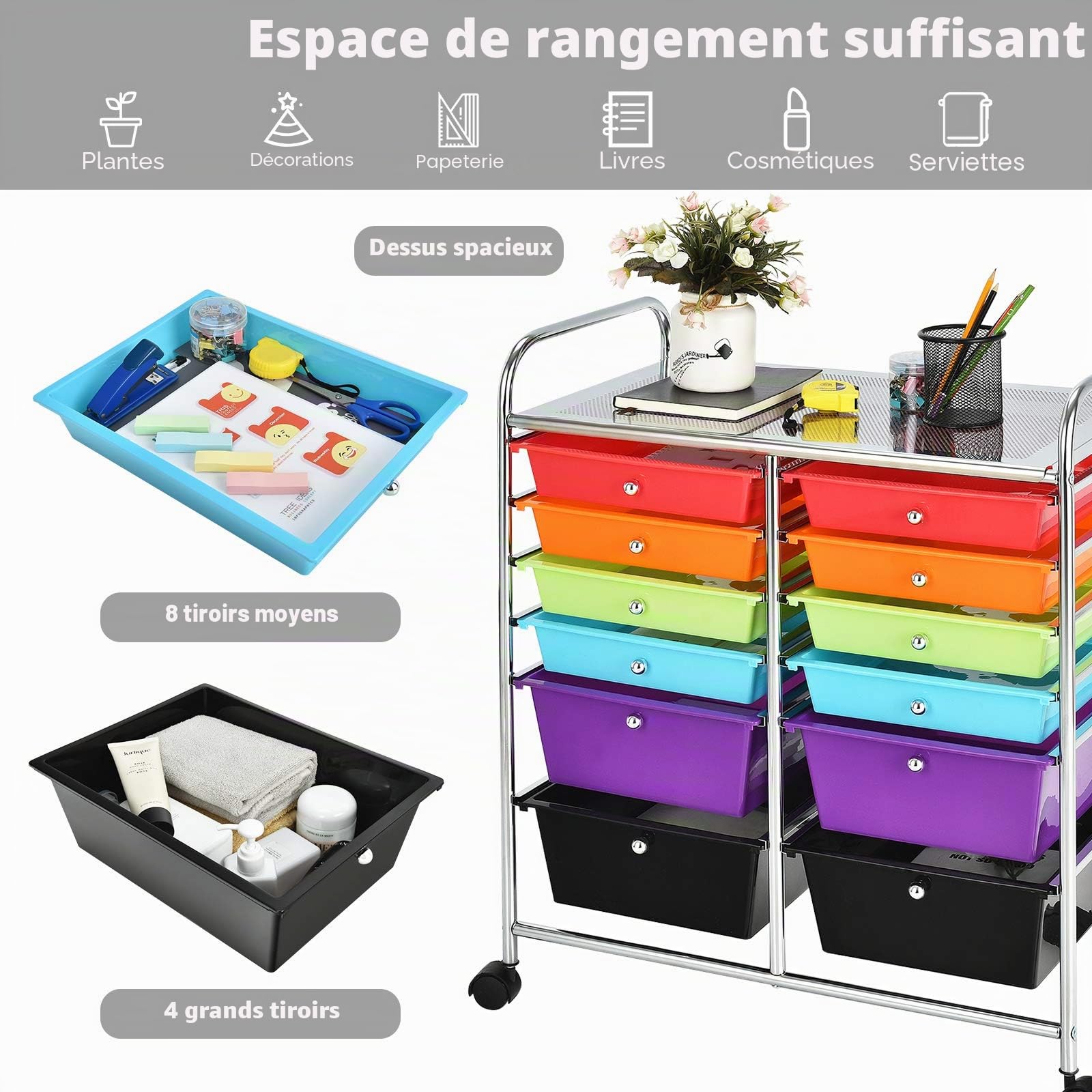 GOPLUS Chariot de Rangement 12 Tiroirs, Tour de Rangement à roulettes, Cadre en Acier, pour Chambre, Bureau, 64 x 38 x 75 CM, Noir