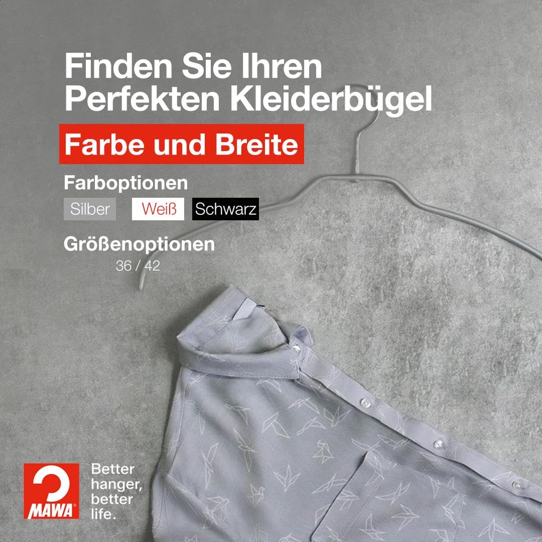 MAWA Kleiderbügel Light, Set mit 100 platzsparenden und rutschfesten Bügeln, ideal für Hemden und Blusen, mit 360° drehbarem Haken und Antirutschbeschichtung, 42 cm, Weiß