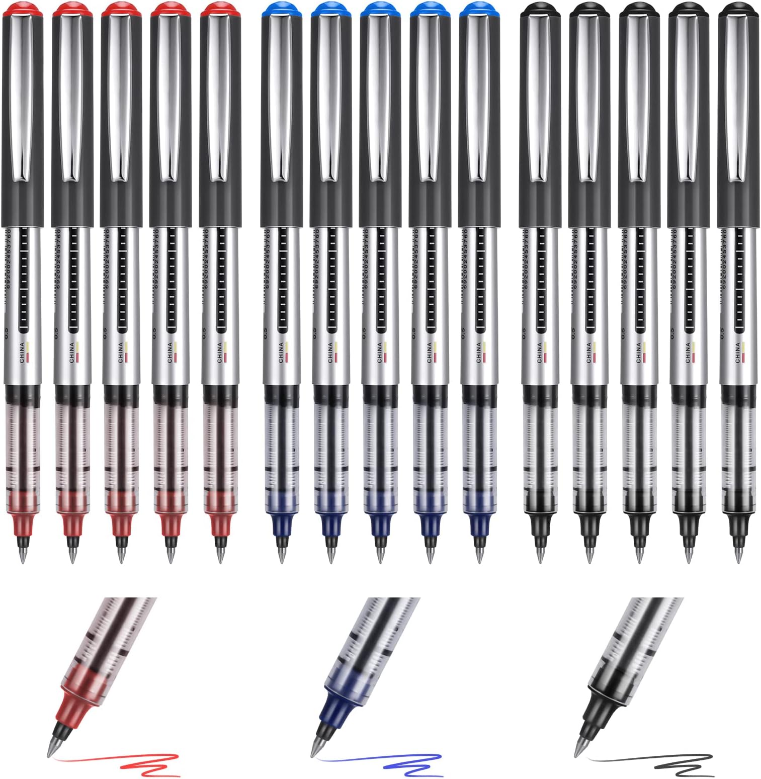 15 Pack Rollerball Pens,0.5mm Liquid Ink Rollerball Pens,Quick-Drying Ballpoint Pens Writing Pens Multipack for Writing,Journaling,Notes Taking School Office Supplies(Black, Blue, Red)